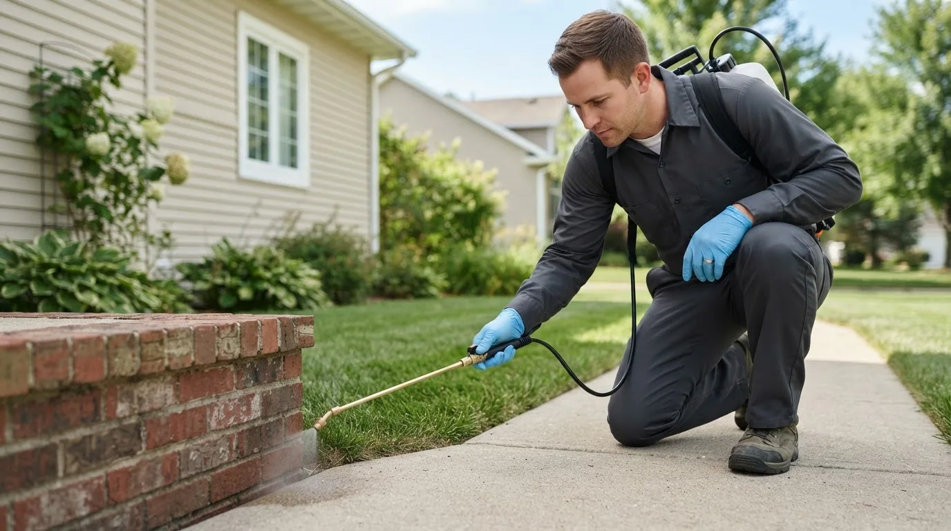 Pest control technician treating a home near Waterbury Center, VT